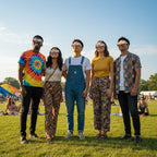 Five friends at a summer festival wearing peace design glasses, gazing up at the bright sky with smiles. CE certified.