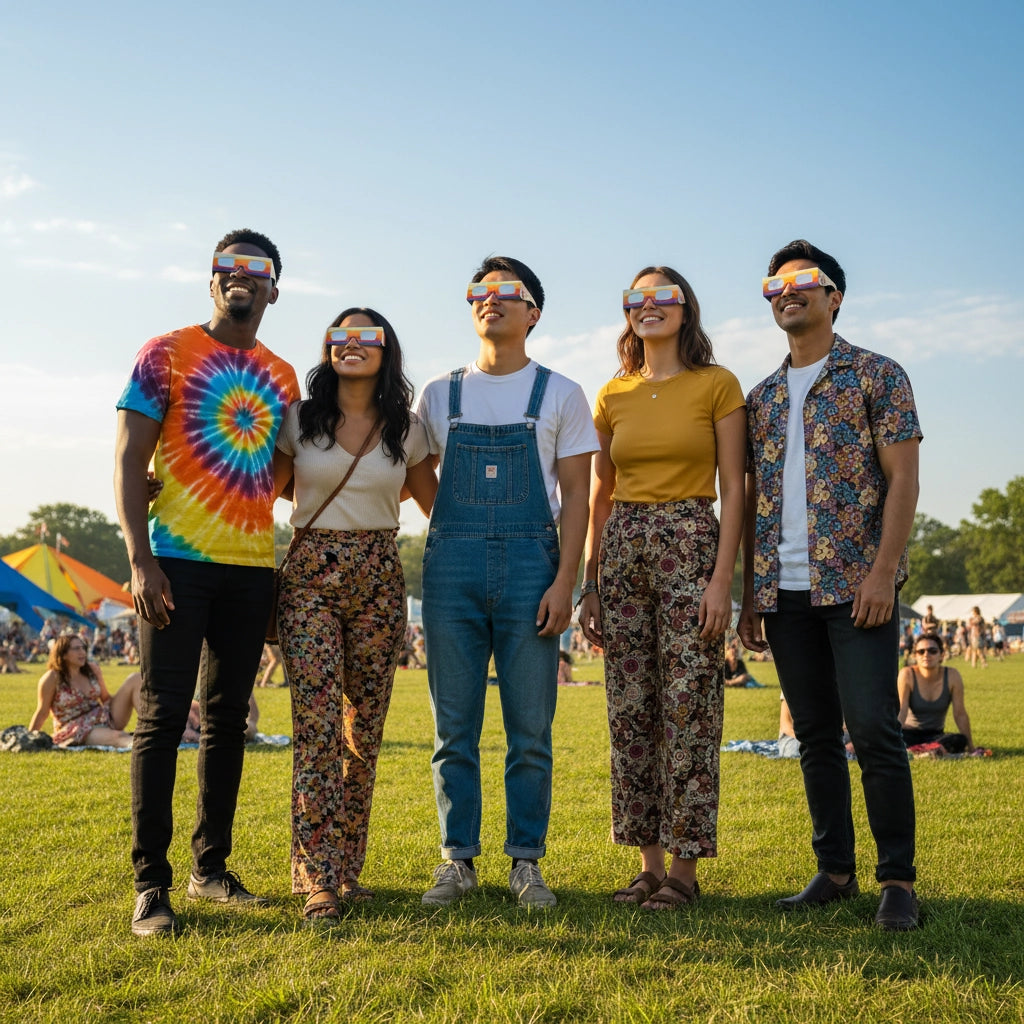 Five friends at a summer festival wearing peace design glasses, gazing up at the bright sky with smiles. CE certified.