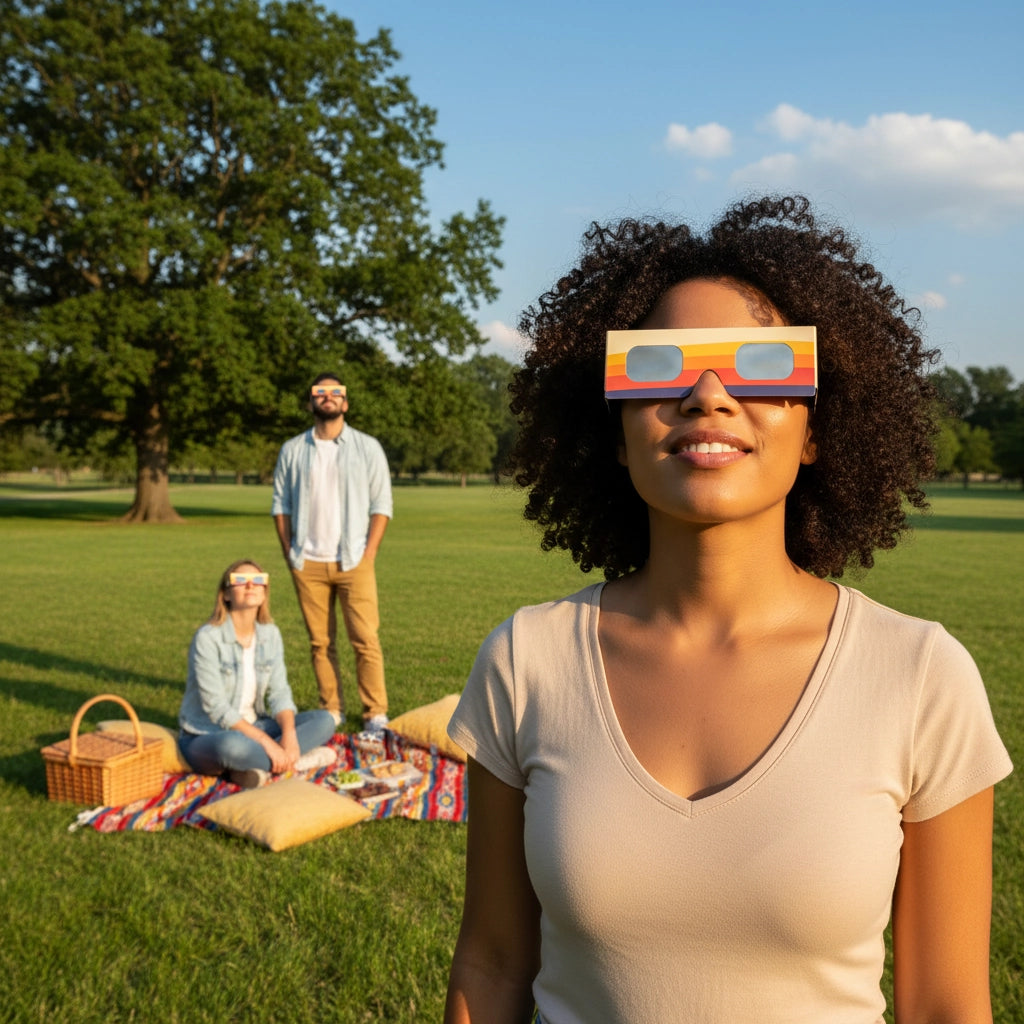 A group of friends enjoying a sunny picnic, wearing peace design glasses, looking at the sky in awe. ISO 12312-2 compliant.