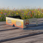 A still life showcase of peace design glasses resting on a weathered wooden surface. CE certified for safety.