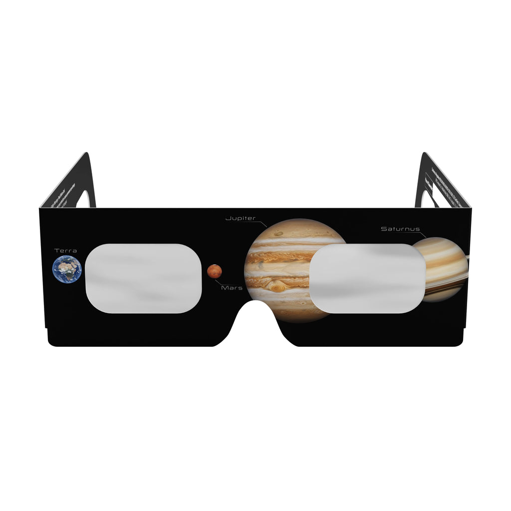 Front view of solar eclipse glasses showcasing their flat, non-reflective lens design. ISO 12312-2 certified.