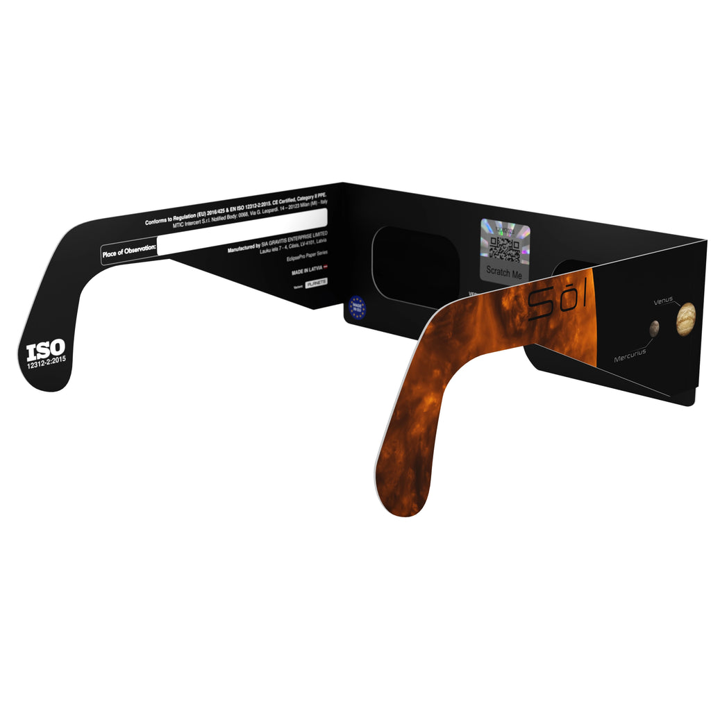 Back-side angle view of solar eclipse glasses featuring QR authentication sticker, showcasing safety compliance.