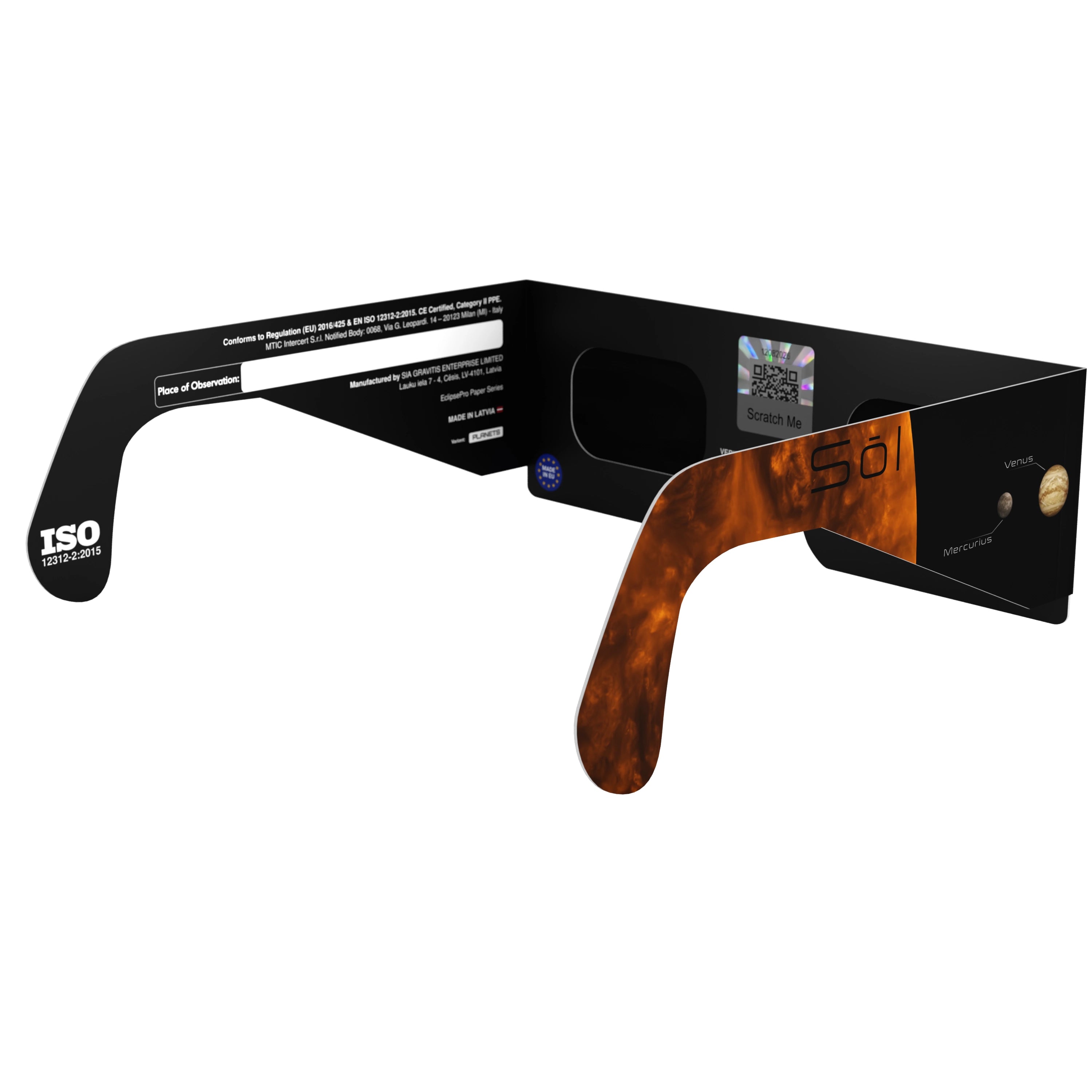 Back-side angle view of solar eclipse glasses featuring QR authentication sticker, showcasing safety compliance.