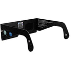 Back-side alternate angle of solar eclipse glasses, showing the QR authenticity sticker and flat lens design.