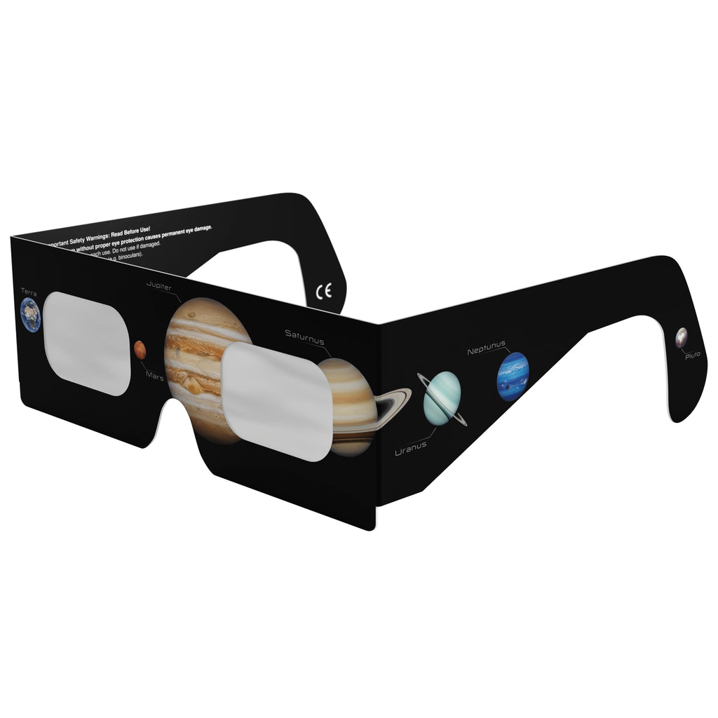 Front-side main angle view of solar eclipse glasses, showcasing the non-reflective lens and stylish design.