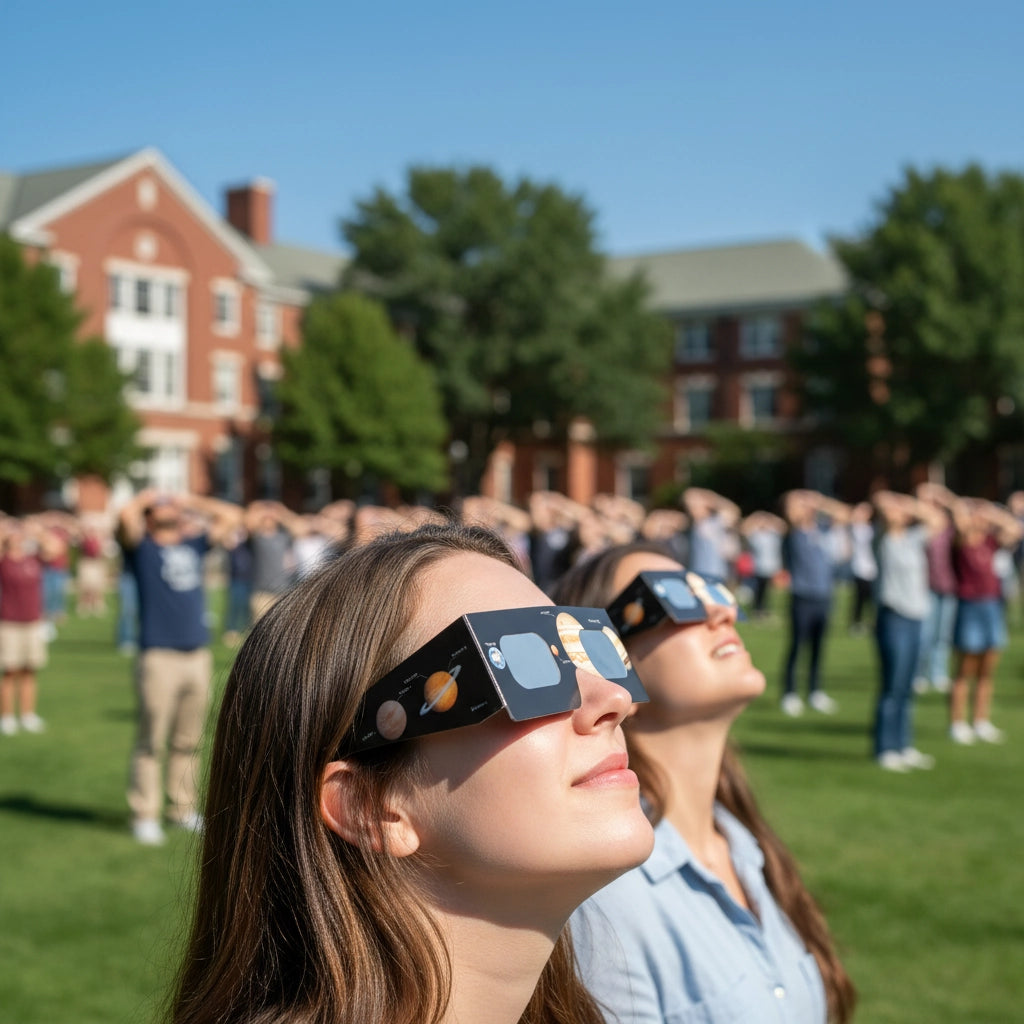 Young woman at a university quad, looking up in awe while wearing solar eclipse glasses, surrounded by a crowd. CE certified.