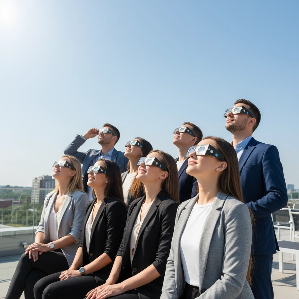 A diverse group of eight professionals at a rooftop terrace, all wearing eclipse glasses and looking skyward in wonder. 2026-eclipse.