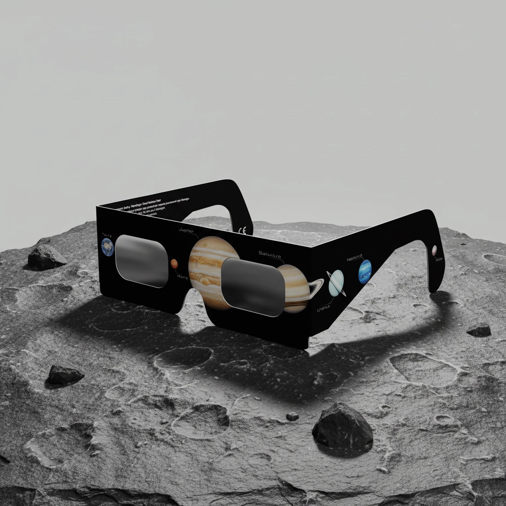 Solar eclipse glasses resting on a dark grey slate rock surface, evoking a cosmic theme. ISO 12312-2 certified.