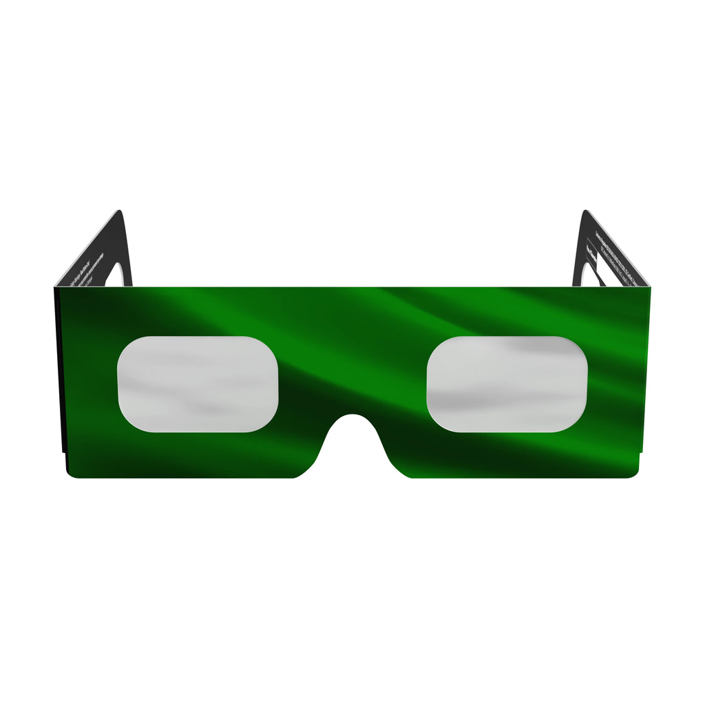 Front view of solar eclipse glasses showcasing sleek design and flat lenses. ISO 12312-2 certified for safe solar viewing.