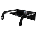 Back-side angle view of solar eclipse glasses featuring QR authenticity sticker. ISO 12312-2 certified for safety.