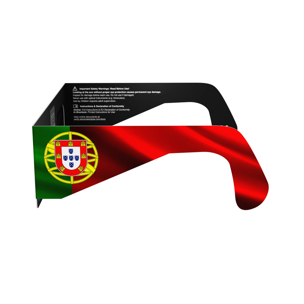 Side alternate profile view of solar eclipse glasses revealing flat lens design. CE certified for safe viewing in 2026.