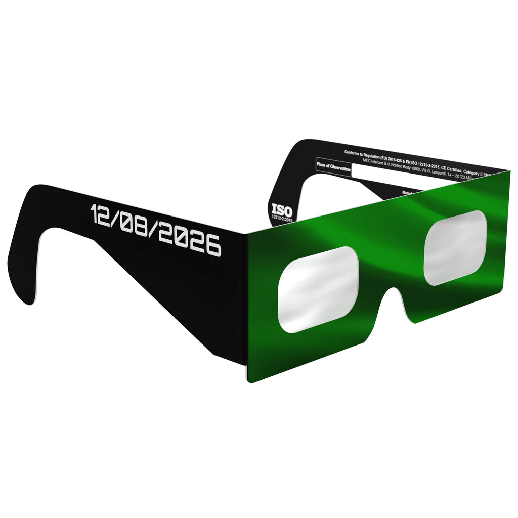 Front-side angle view of eclipse glasses highlighting the flat lens design. CE certified for safe solar viewing.