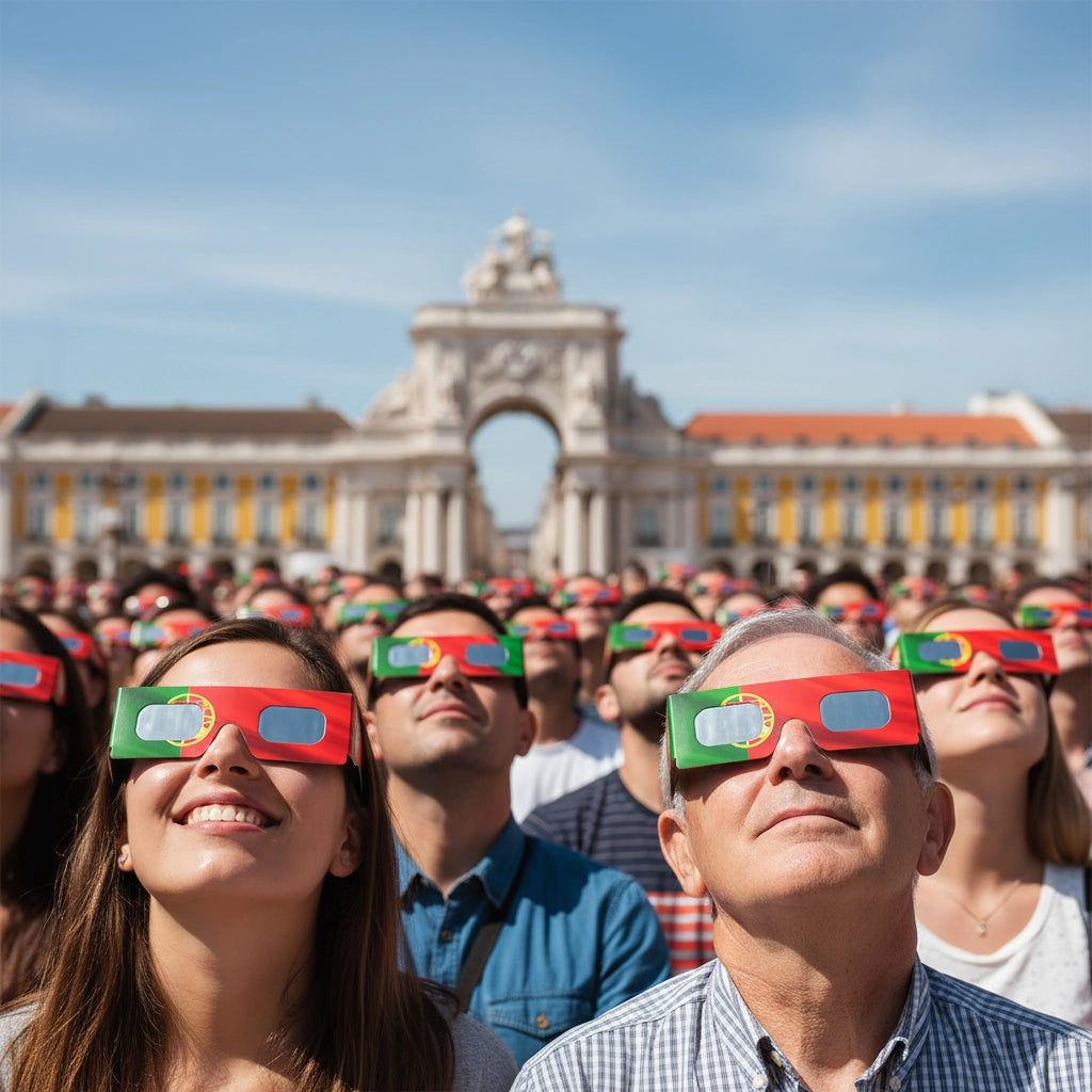 Large crowd in PraÃ§a do ComÃ©rcio, Lisbon, all wearing eclipse glasses and gazing skyward in anticipation of the August 12, 2026 eclipse.