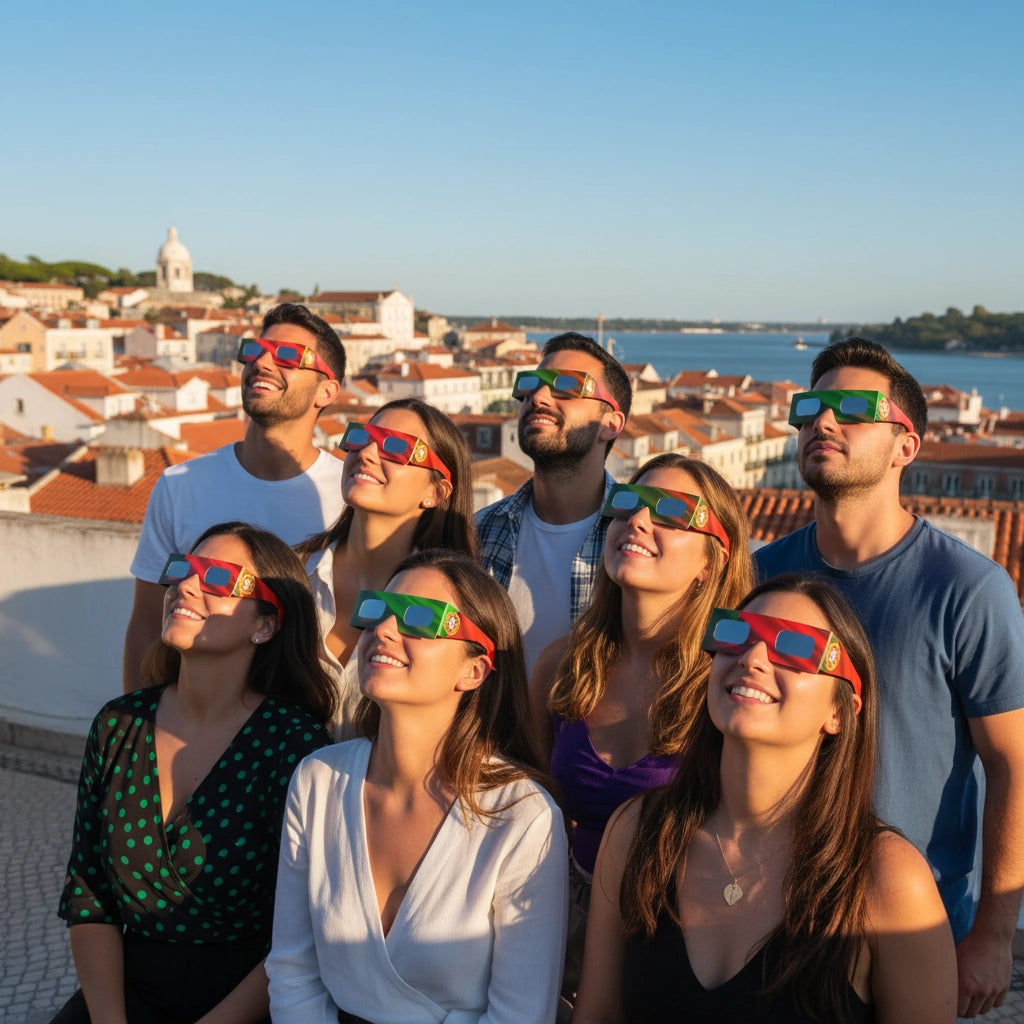 Vibrant rooftop gathering in Lisbon with friends wearing eclipse glasses, all gazing at the clear sky, capturing the moment of anticipation.