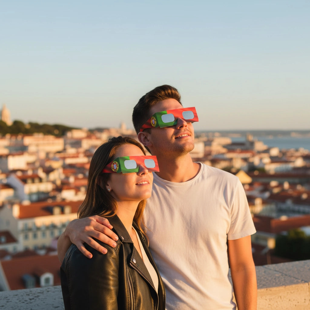 A young couple in Lisbon enjoying the sun, both wearing eclipse glasses and gazing upwards. Perfect for the August 12, 2026 solar eclipse.