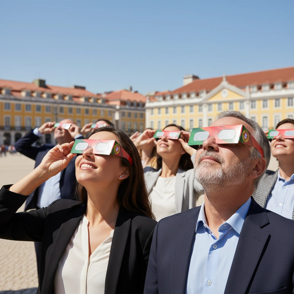 Diverse group enjoying a corporate event in a European square, all wearing eclipse glasses and focused on the sky. CE certified for safe viewing.