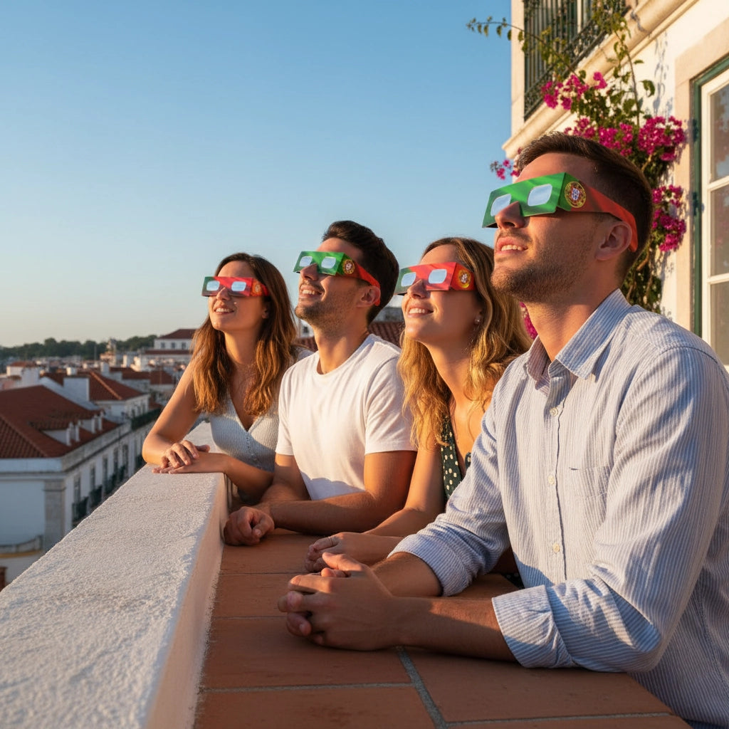 Group of friends on a sunny Lisbon balcony, wearing eclipse glasses and looking at the sky in awe. Ideal for the upcoming August 12, 2026 event.