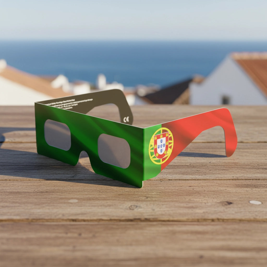 Elegant solar eclipse glasses displayed on a rustic wooden table in a sun-drenched coastal Portuguese town. CE certified for safe viewing.