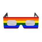 Front view of rainbow solar eclipse glasses, showcasing the vibrant design with ISO 12312-2 certification.