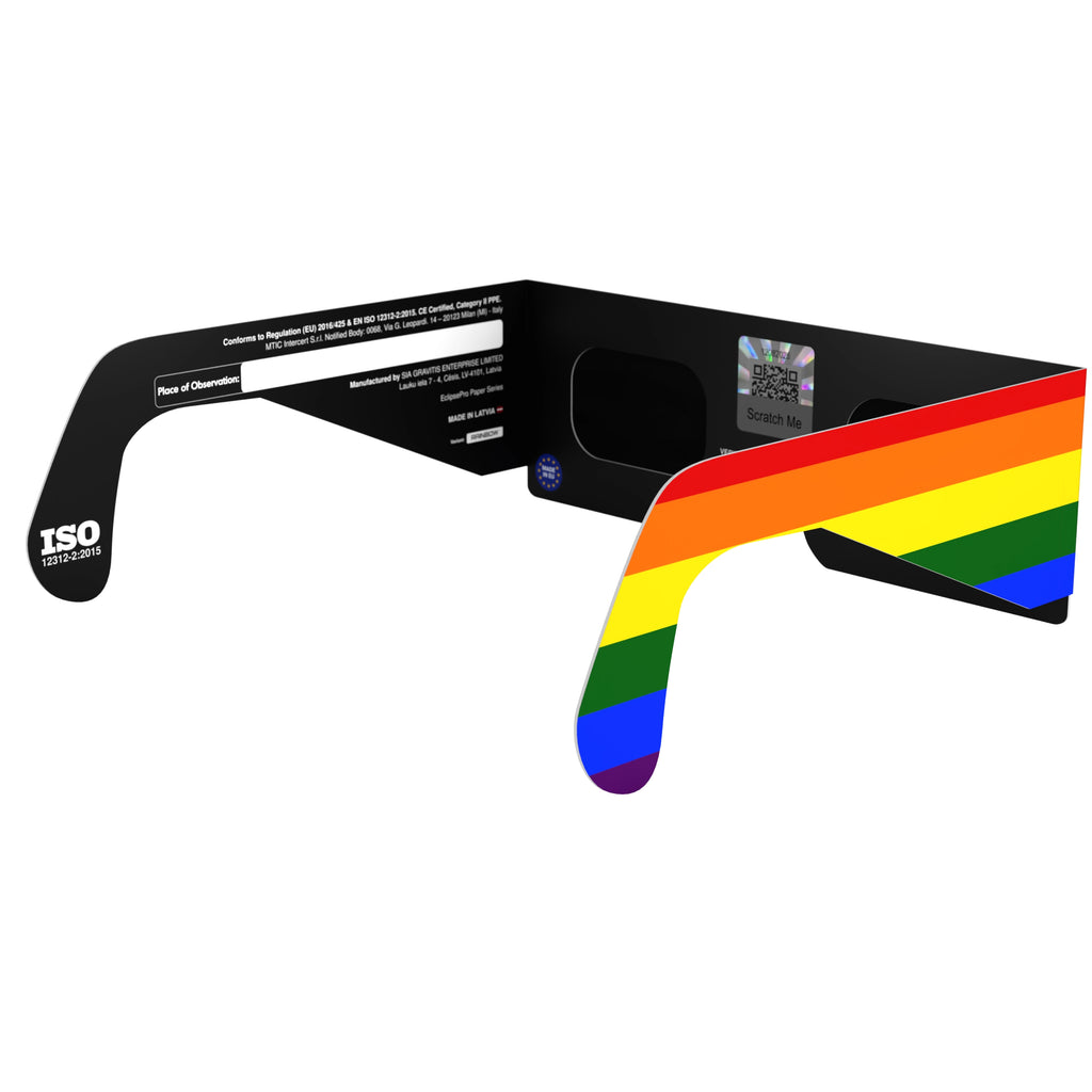 Back-side angle of rainbow eclipse glasses, showing QR sticker for authenticity and vibrant design.