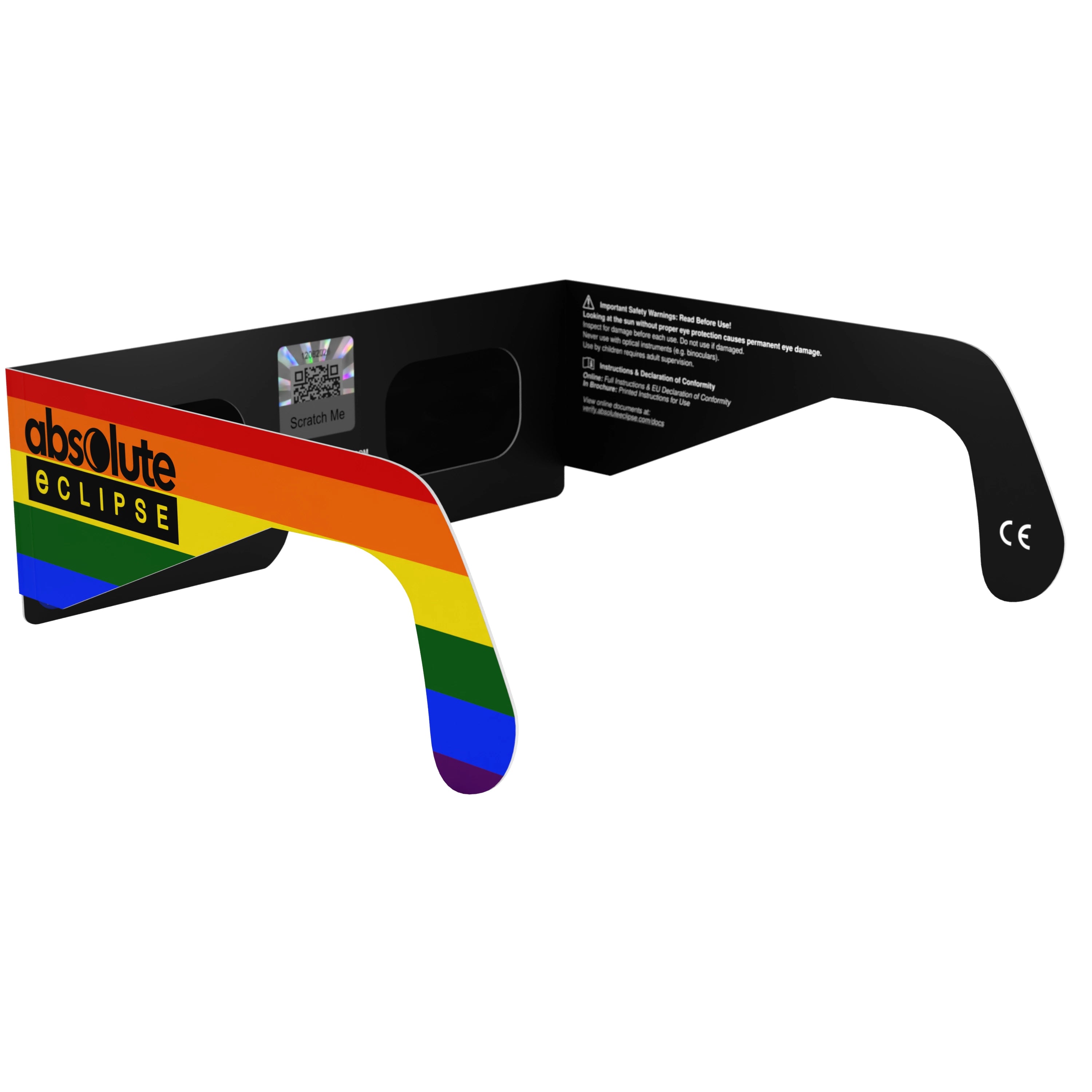 Back-side alternate angle of rainbow eclipse glasses, showcasing vibrant colors and QR sticker for authenticity.