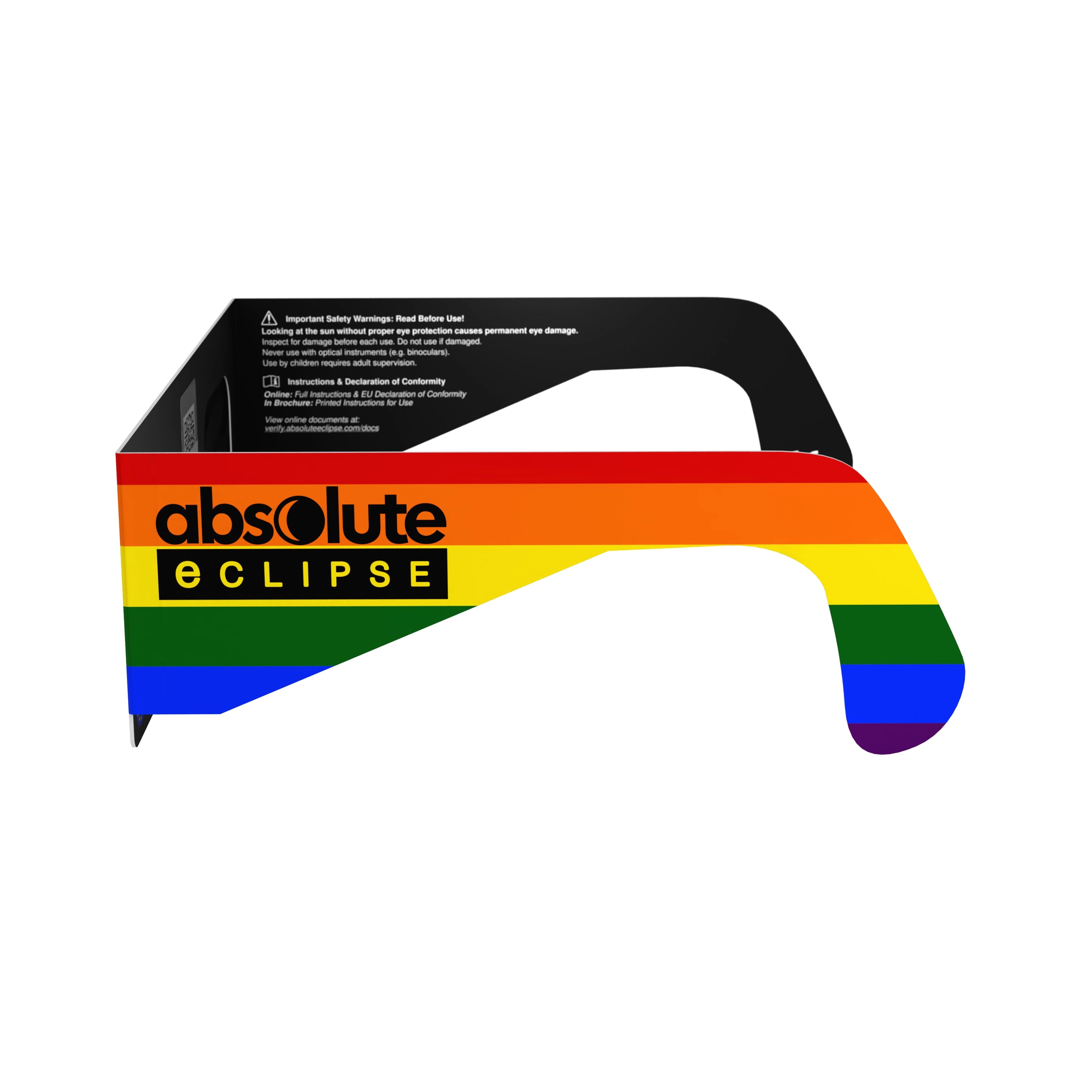Side alternate profile view of rainbow solar eclipse glasses, emphasizing the colorful design and safety features.