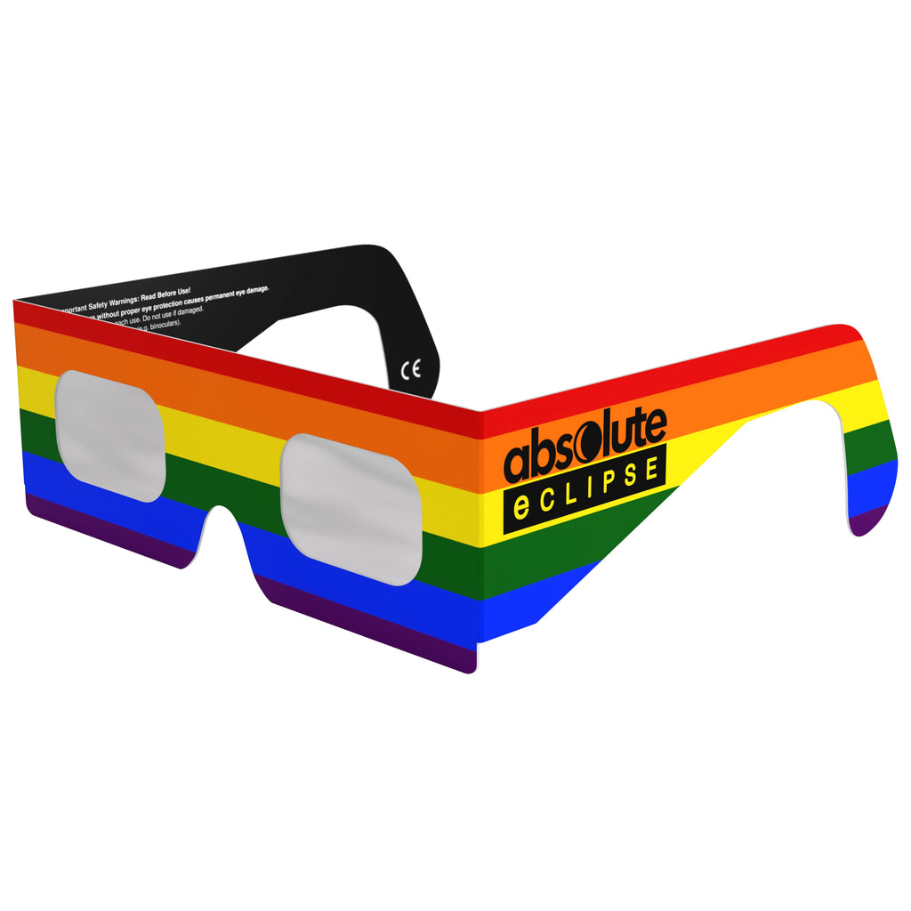 Front-side main angle of rainbow solar eclipse glasses, showcasing their vibrant design and safety compliance.