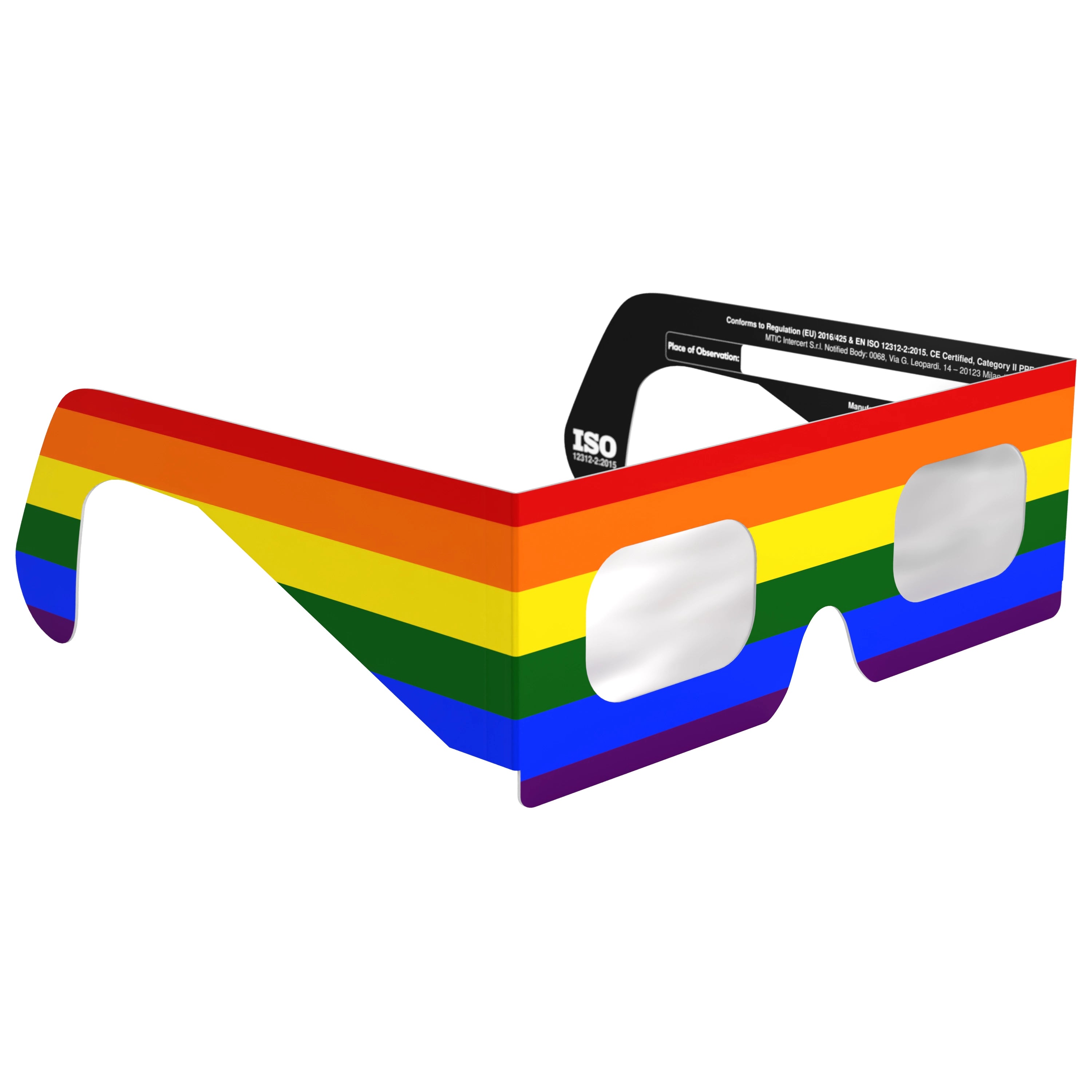 45-degree angle view of rainbow-design eclipse glasses, highlighting the vibrant colors and flat lenses.