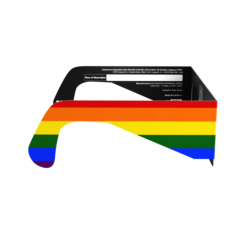 Side profile view of rainbow solar eclipse glasses, demonstrating the vibrant design and safety compliance.