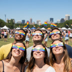 A large crowd at a pride festival with friends wearing rainbow eclipse glasses, all gazing up towards the bright sky.