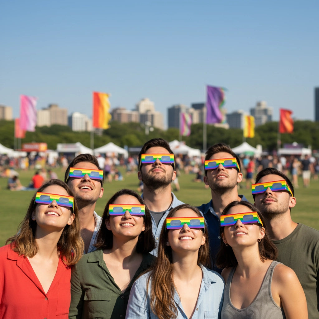 Seven friends at a community festival wearing rainbow solar eclipse glasses, collectively looking up at a bright blue sky.