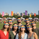 Sete amigos num festival comunitário a usar óculos para eclipse solar arco-íris, contemplando coletivamente um céu azul brilhante.