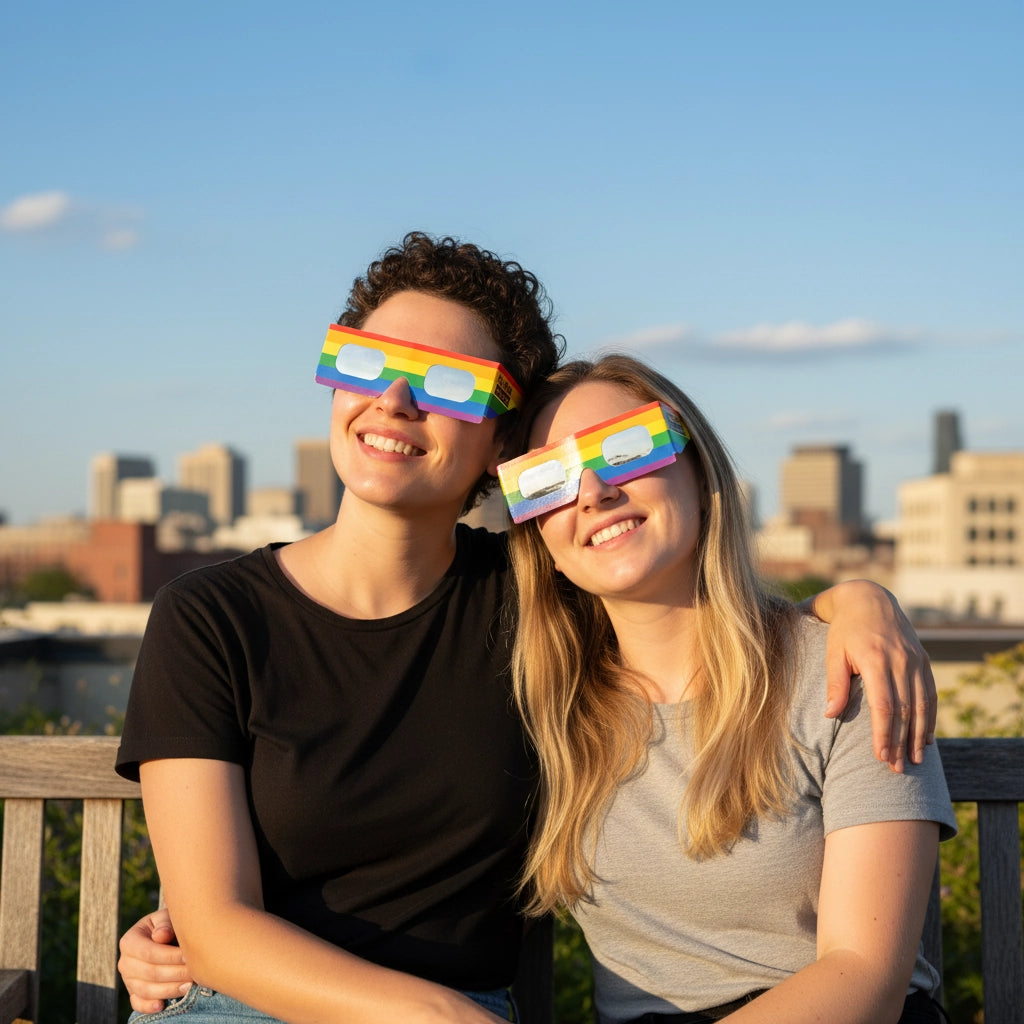 A loving couple wearing rainbow solar eclipse glasses, sharing a joyful moment on a sunlit rooftop garden.