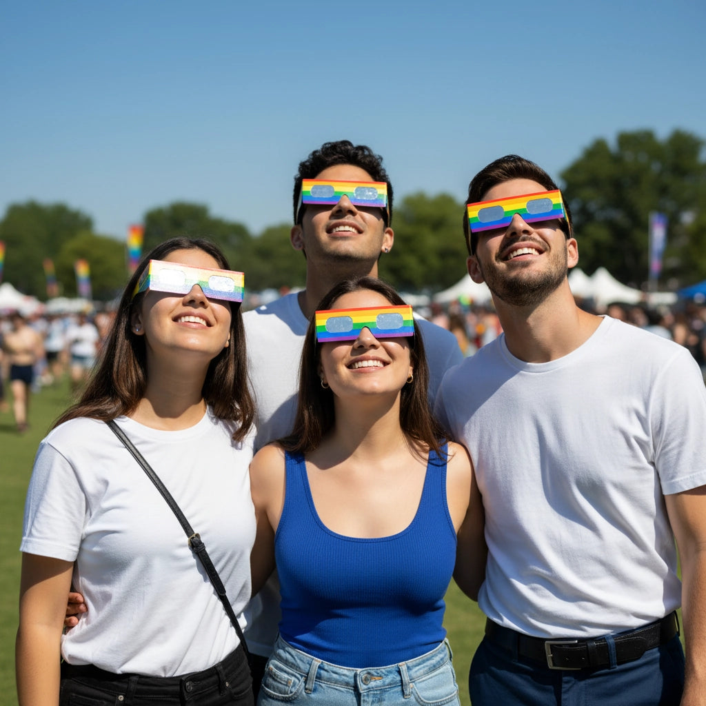 Three friends at a pride festival wearing rainbow eclipse glasses, enjoying the sunny day and looking towards the sky.