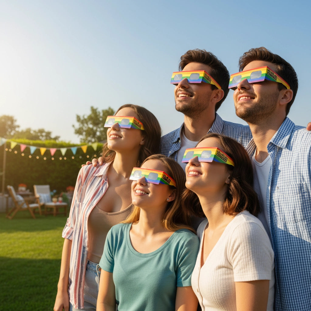 Four friends enjoying a backyard gathering, all wearing rainbow eclipse glasses and gazing up at the sky in awe.
