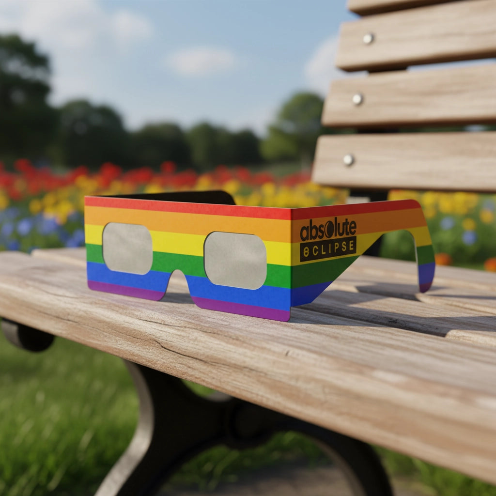 Showcasing rainbow-design solar eclipse glasses on a weathered wooden bench, perfect for safe viewing on August 12, 2026.