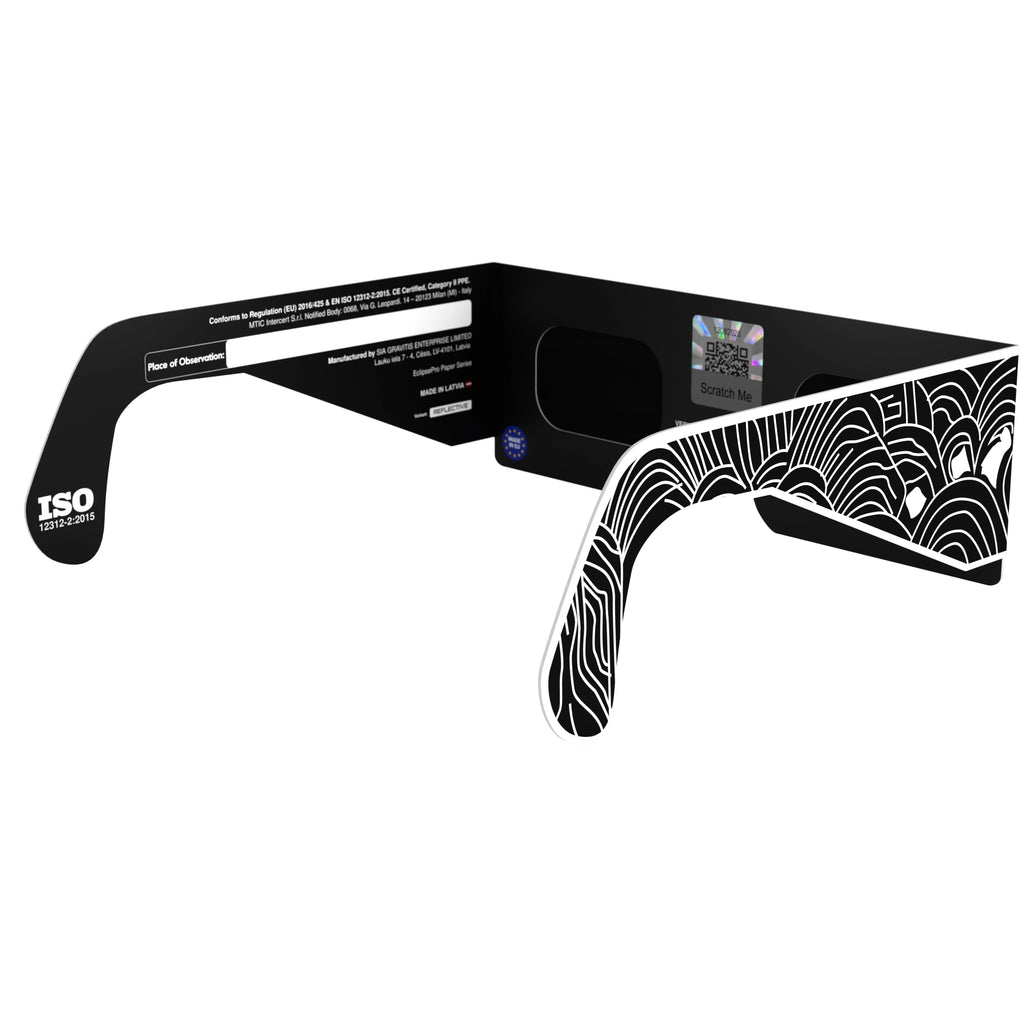 Back-side angle of the reflective glasses with QR sticker visible, showcasing the design.