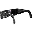 Back-side angle of the reflective design glasses featuring a QR sticker, highlighting their quality.