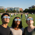 Three university students on campus wearing reflective glasses, gazing upwards with expressions of wonder during a public event.
