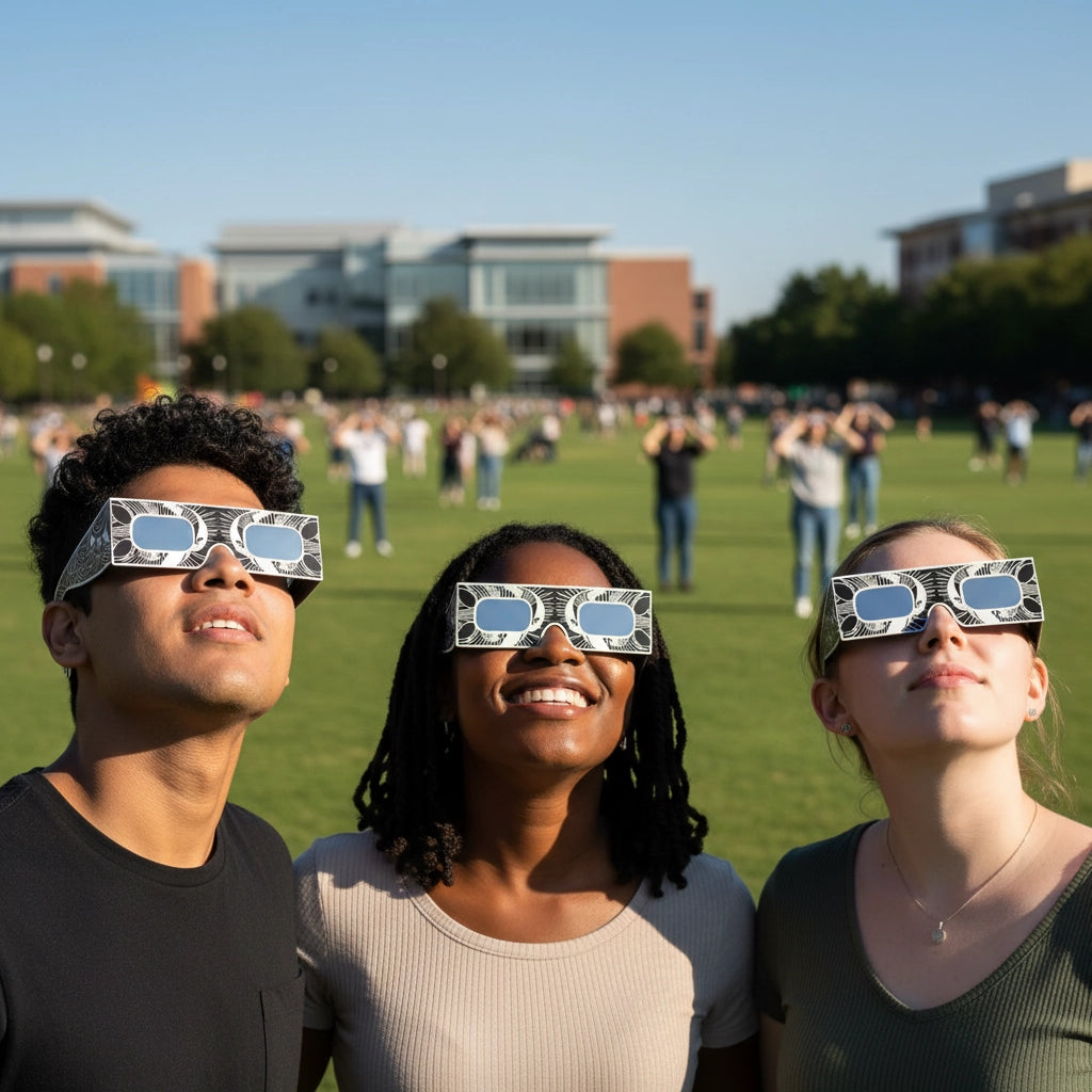 Three university students on campus wearing reflective glasses, gazing upwards with expressions of wonder during a public event.