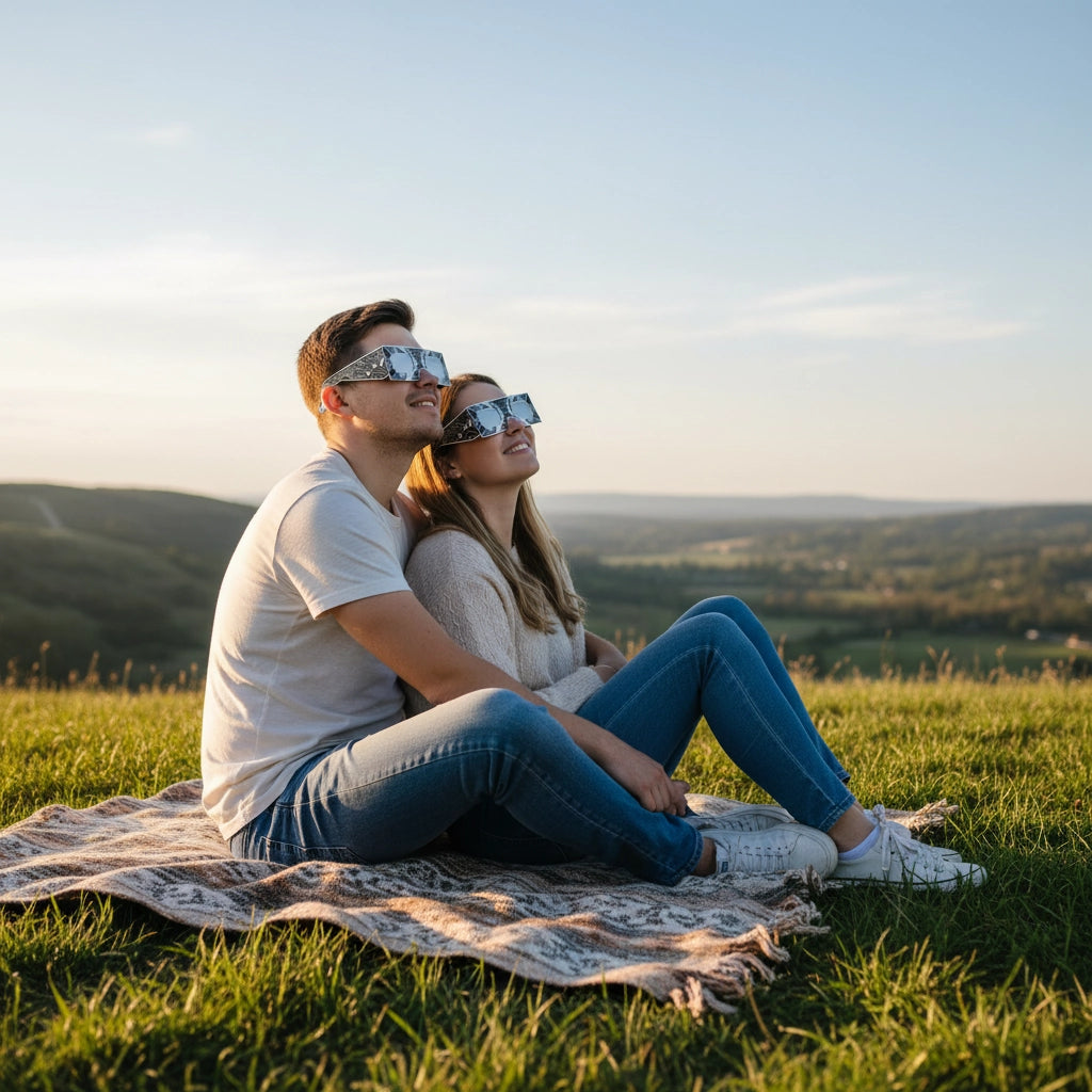 A young couple shares a quiet moment on a grassy hilltop, wearing reflective eclipse glasses, enjoying the view of the sky.