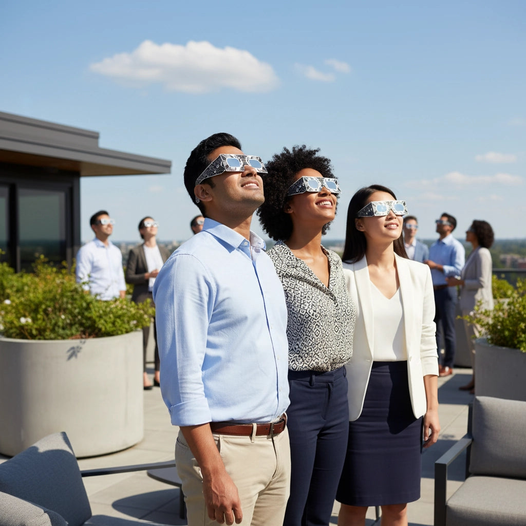 Colleagues at a wellness event on a rooftop terrace, all wearing reflective eclipse glasses and looking up with shared excitement.