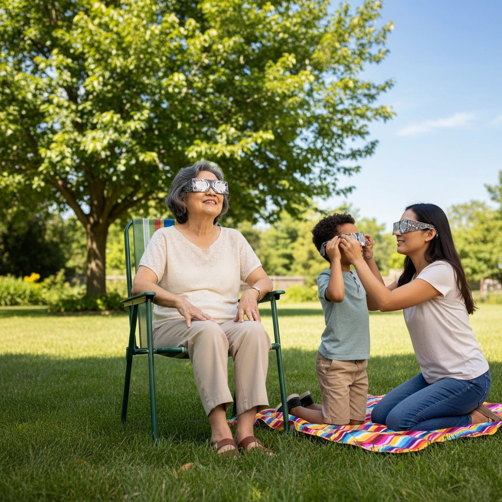 A grandmother and her family enjoy a sunny backyard day, wearing reflective glasses and looking up with awe at the clear sky.