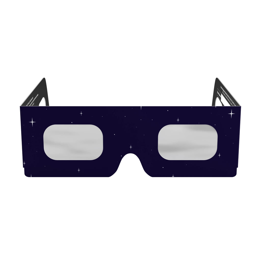 Clean front view of Rocketrider solar eclipse glasses, showcasing ISO 12312-2 certification.