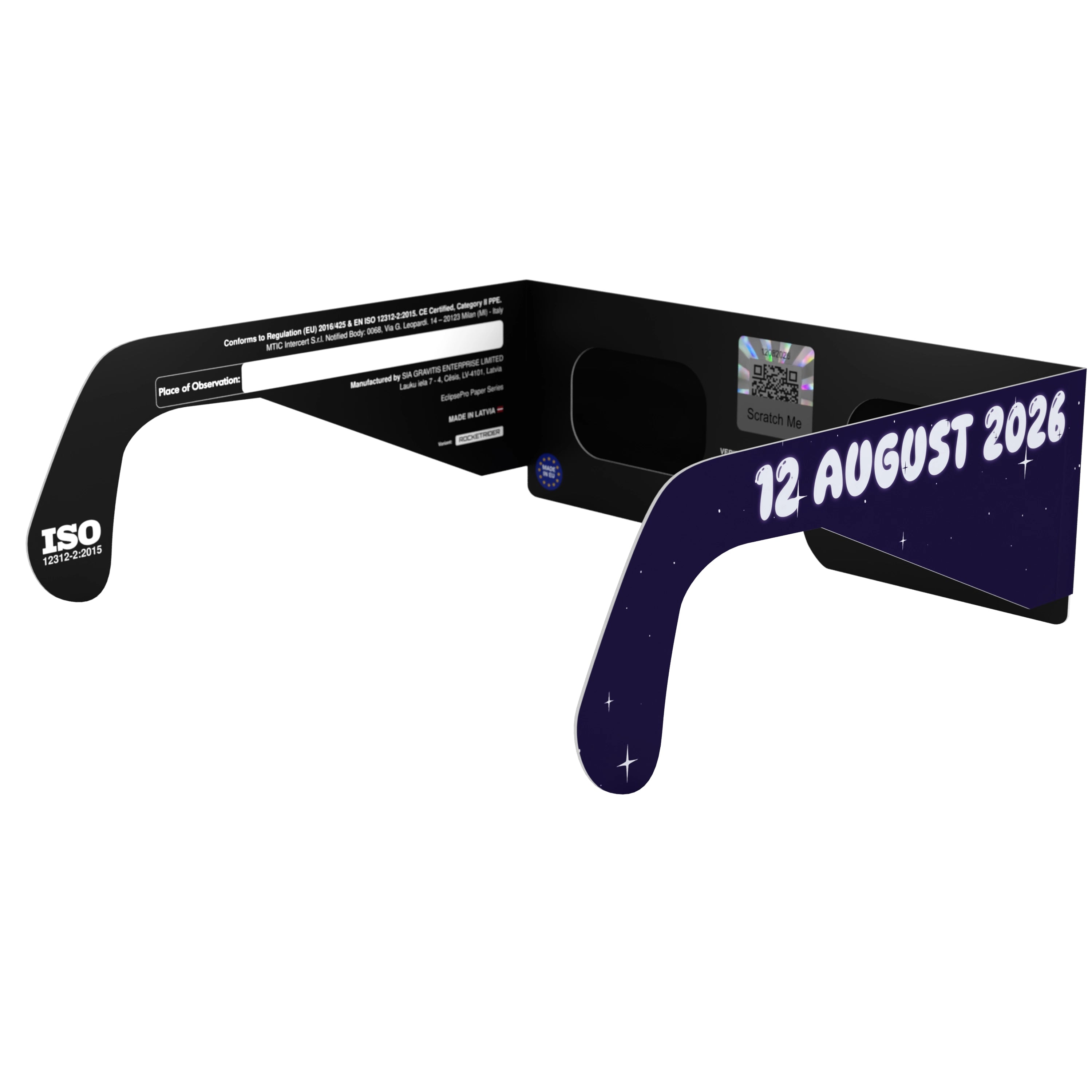 Back-side angle view of Rocketrider glasses, featuring QR authenticity sticker. ISO 12312-2 compliant.
