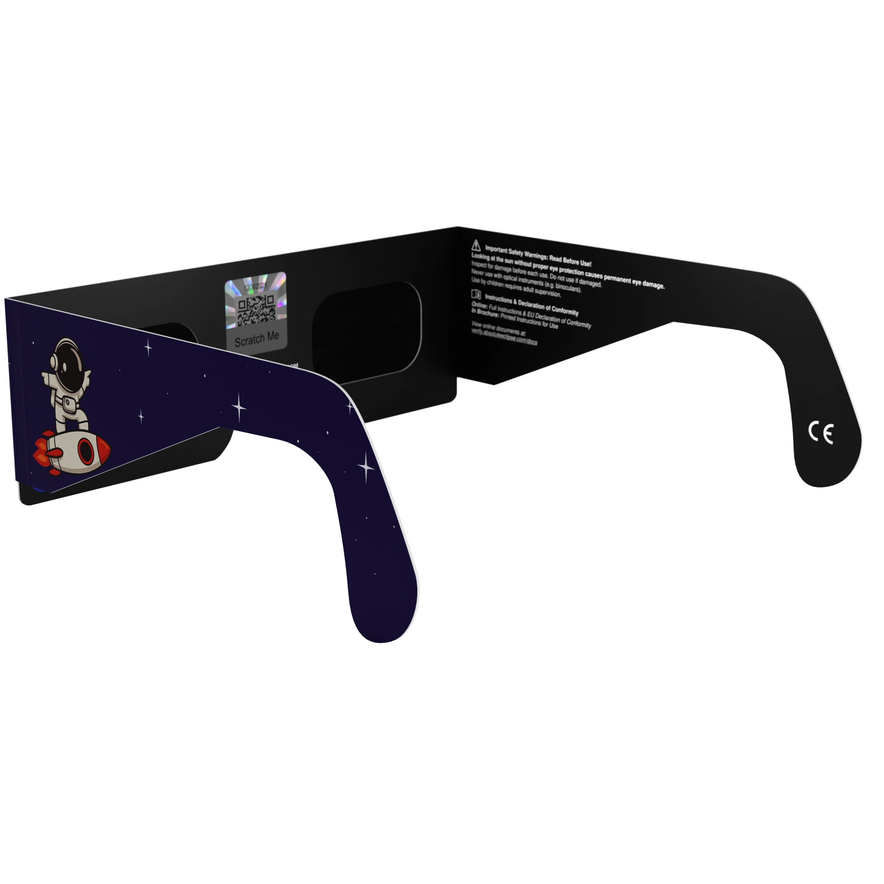 Alternate back-side angle view of Rocketrider glasses, showcasing safety features and QR sticker.