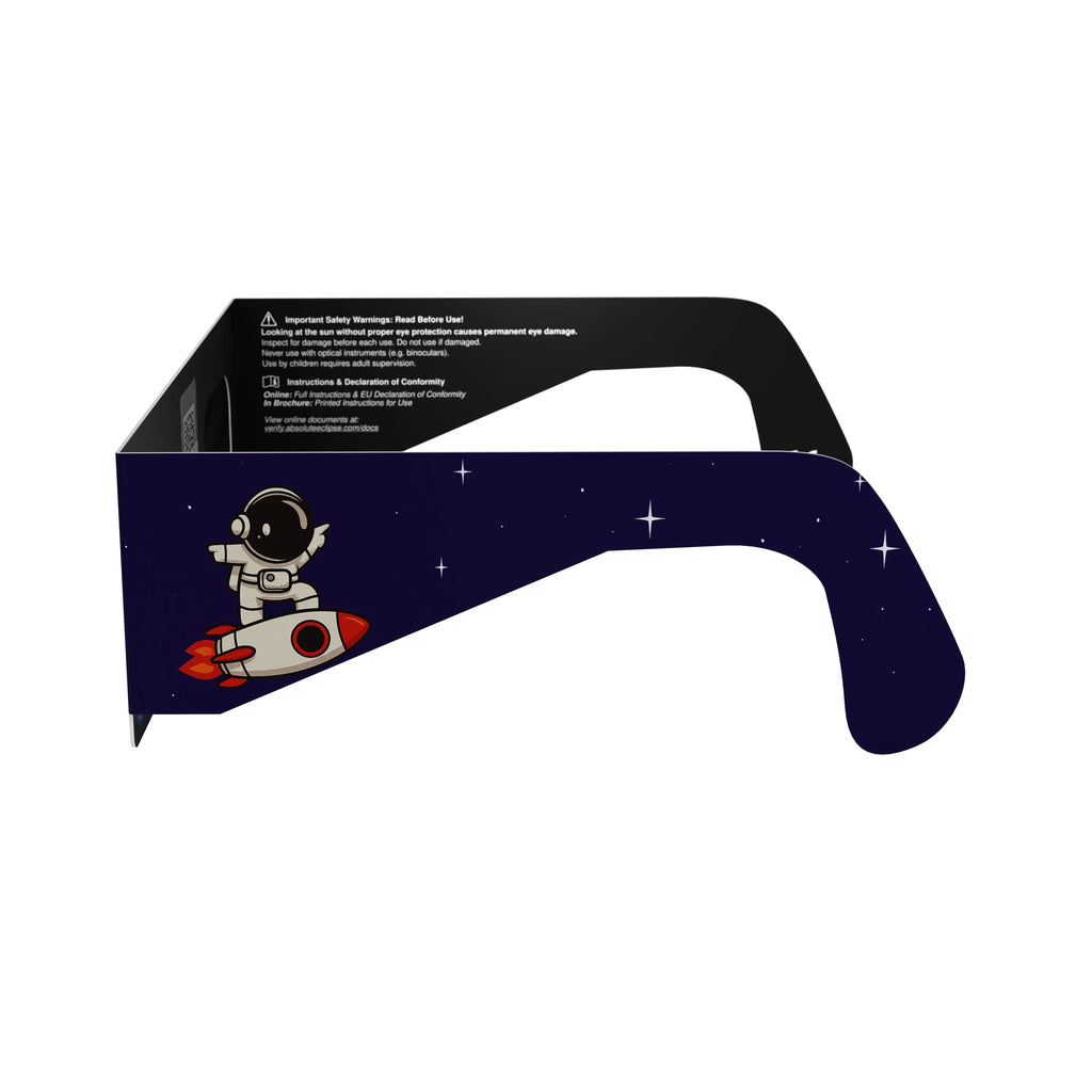 Side alternate profile view of Rocketrider glasses, demonstrating their flat lens safety design.