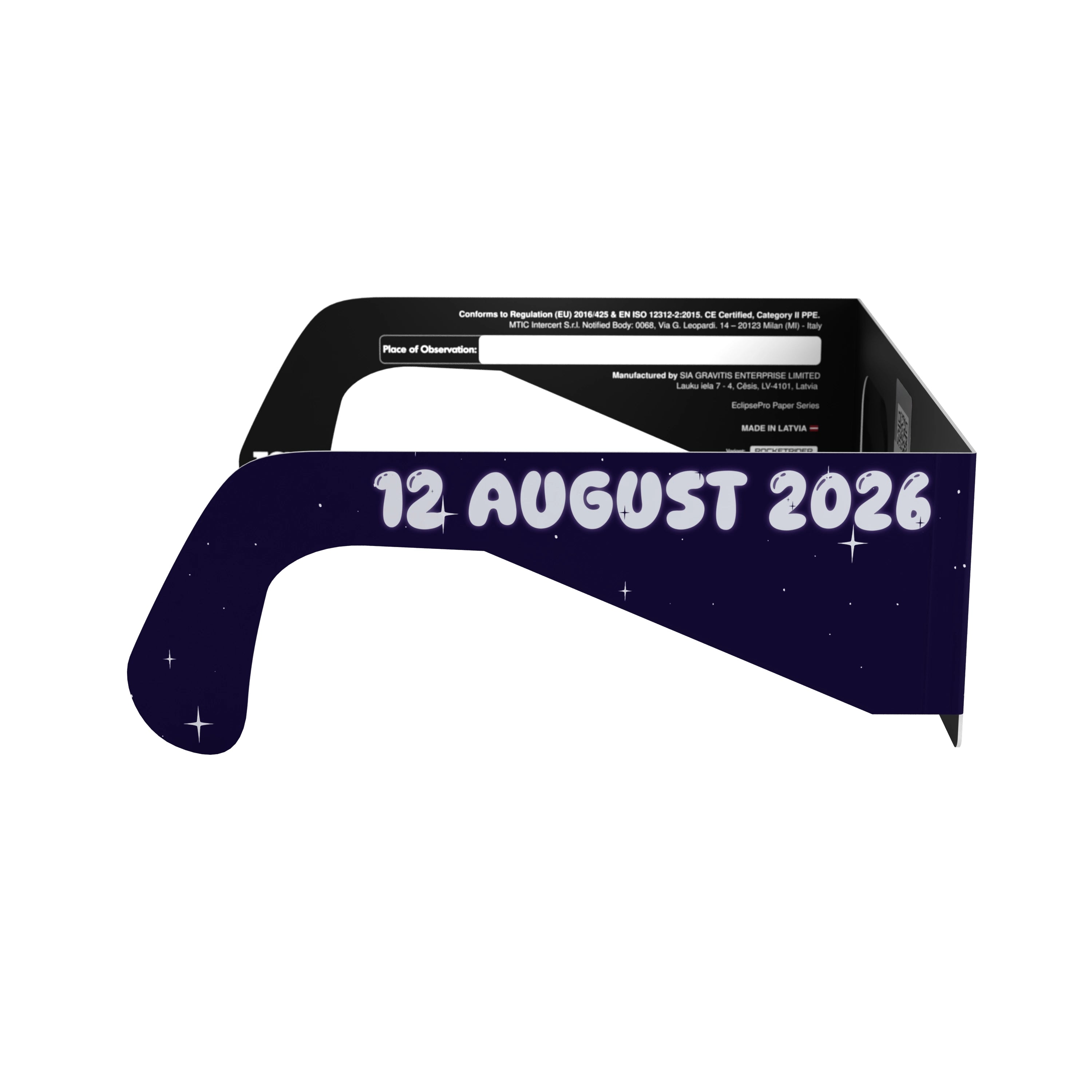 Side profile view of Rocketrider glasses, showing sleek design and compliance with EN 166 safety standards.