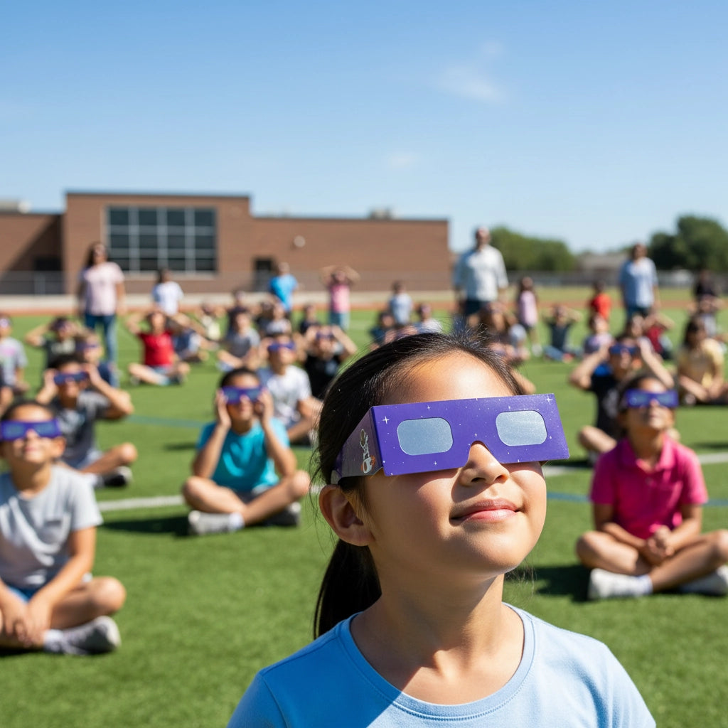 Elementary school students and teachers wearing Rocketrider glasses on a sunny field, all looking up in awe.
