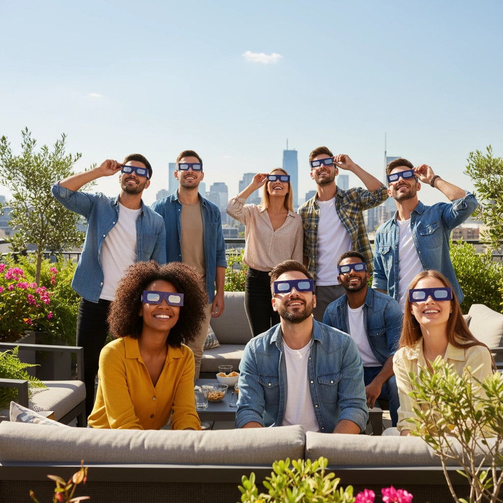 A group of friends on a rooftop wearing Rocketrider glasses, sharing a moment of wonder under a sunny sky.